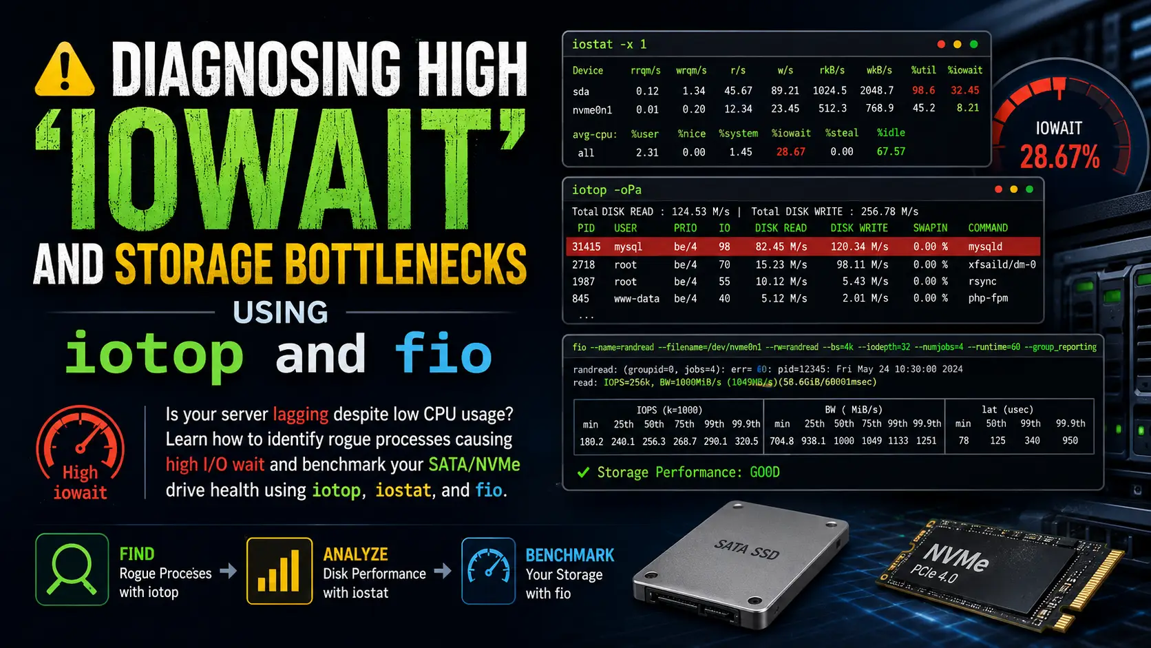 iowait and Storage Bottleneck Diagnosis with iotop and fio